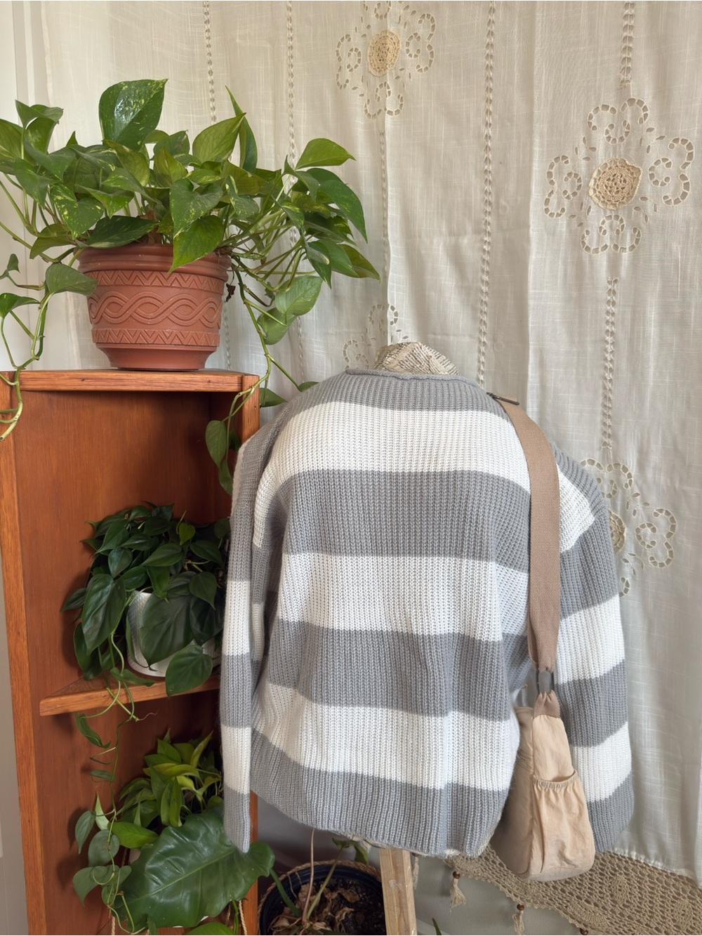 Striped Crewneck Sweater in Gray & White